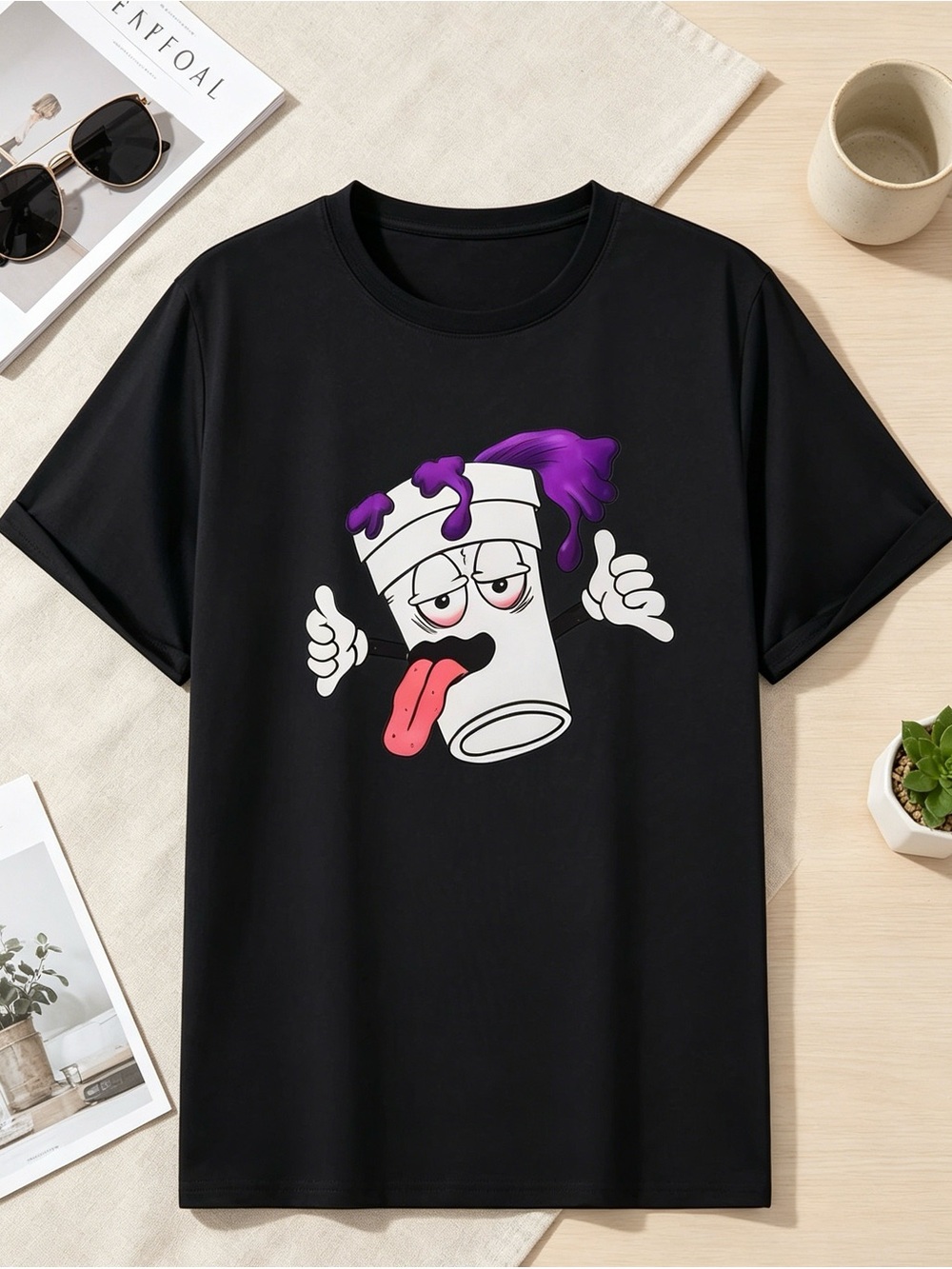 Graphic Black Short Sleeve Tee with Purple Drink Cartoon